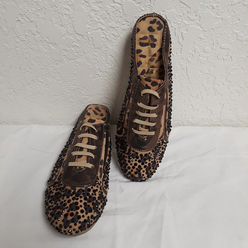 Joan Boyce Leopard & Bronze Jeweled Slip on Sporty Mules 6.5